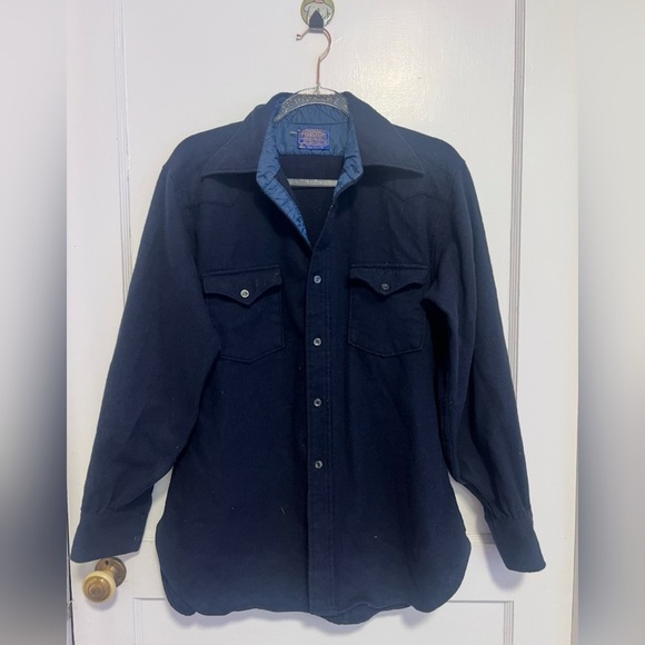 Vintage 60s/70s Pendleton Blue Button Down Wool Shirt Button Pockets USA Size L - Picture 1 of 4
